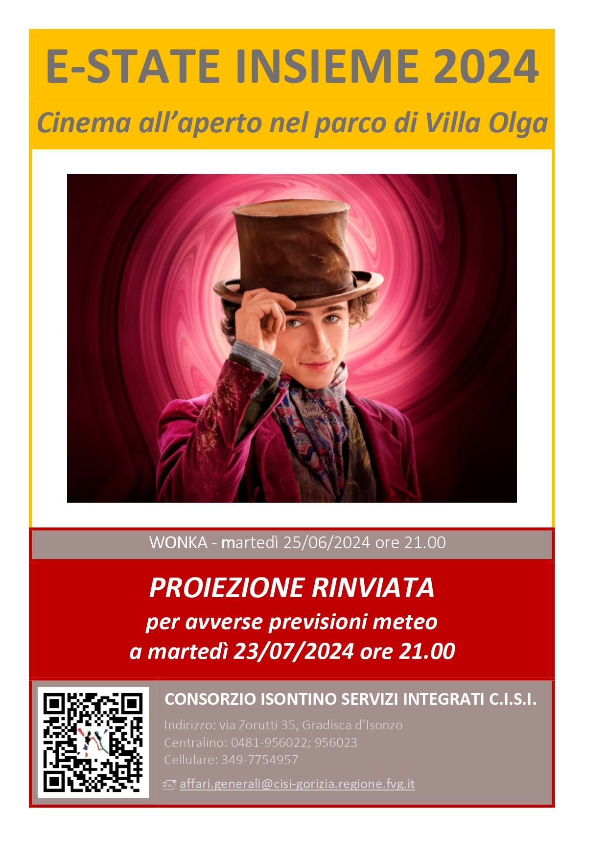Locandina che comunica il rinvio del film Wonka